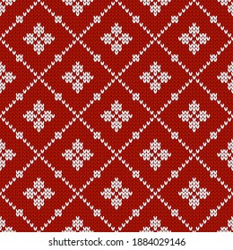Winter knitted pattern. Nordic ethnic style ornament with snowflakes and rhombs. Holiday vector background. Diamond pattern seamless texture.
