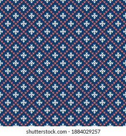 Winter knitted pattern. Nordic ethnic style ornament with rhombs and dots. Holiday vector background. Diamond pattern seamless texture.