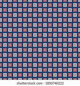 Winter knitted pattern. Nordic style ornament. Holiday background. Grid pattern, seamless wool texture. Vector illustration.