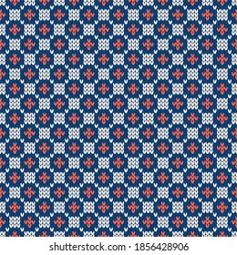 Winter knitted pattern. Nordic style ornament. Holiday background. Grid pattern, seamless wool texture. Vector illustration.