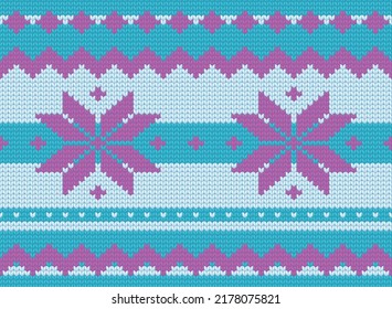 Winter knitted pattern, purple and blue seamless vector background, cozy christmas sweater wool texture, jacquard dress mittens woven pattern