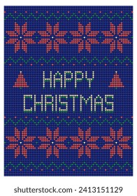 Winter knitted  pattern with snowflakes and place for happy christmas. Pixel design stock illustration.