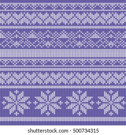 Winter knitted pattern vector. White blue holiday background with snowflake, hearts and decorative elements. Swedish or Norwegian ornament craft. 