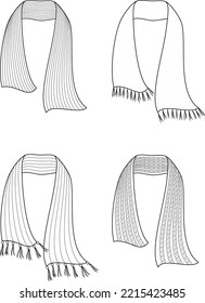 Winter knitted scarf flat sketch. Cable knit accessory apparel design. Knitwear CAD mockup. Fashion technical drawing template. Vector illustration.