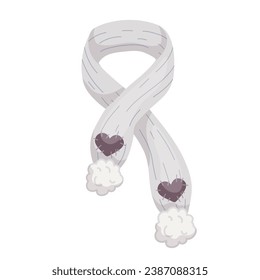 Winter knitted scarf with fur pompoms. Vector graphics.