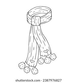 Winter knitted scarf with fur pompoms.Doodle,sketch of winter clothes.Vector graphics.
