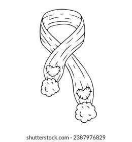 Winter knitted scarf with fur pompoms.Doodle,sketch of winter clothes.Vector graphics.