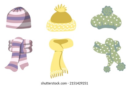 Winter knitted scarves and hats, traditional winter set. Warm clothes. Hand-drawn vector illustration, isolated on white background.