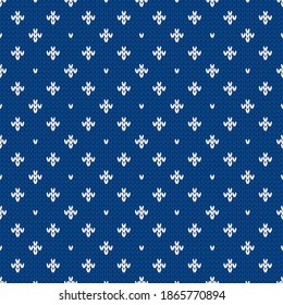 Winter knitted seamless pattern with dots and rhombs. Norwegian style sweater. Wool texture. Vector illustration. Traditional holiday background.