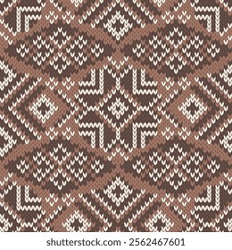 Winter knitted seamless pattern. Mocha Mousse color 2025. Winter background for ugly sweater or any knit wear design, fair isle style. Vector illustration