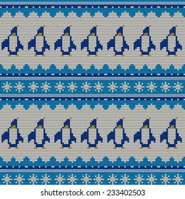 Winter knitted seamless pattern with penguins