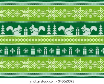 Winter knitted seamless pattern with squirrels. Christmas ornament. Vector.