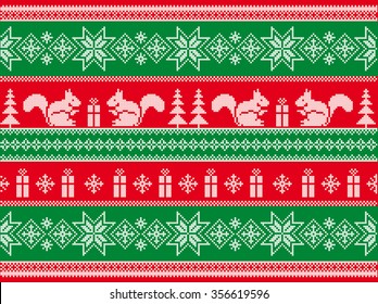 Winter knitted seamless pattern with squirrels. Christmas ornament. Vector.