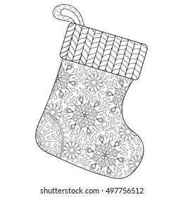 Winter knitted Sock for gift from Santa in zentangle style. Hand drawn happy Xmas, Christmas decorative elements for adult coloring book. Vector illustration for New Year 2017 greeting cards, posters.