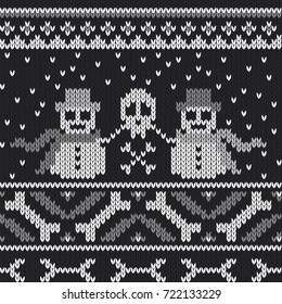 Winter knitted sweater design with bones and snowflakes. creepy snowmen with hat and scarf holding a skull. Seamless pattern, knitted look.