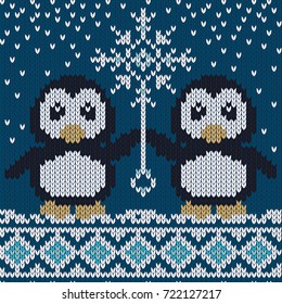Winter knitted sweater design with cute penguins and snowflakes. Seamless pattern, knitted look.