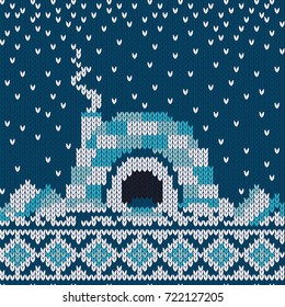 Winter knitted sweater design with igloo, icebergs and snowflakes. Seamless pattern, knitted look.