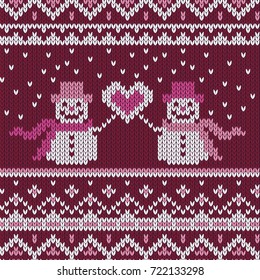 Winter knitted sweater design with snowflakes. cute snowmen with hat and scarf hold a heart. Seamless pattern, knitted look.