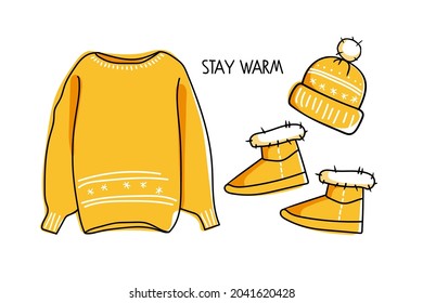 Winter knitted sweater, hat, fur boots with stay warm inscription. Cozy warm clothes. Yellow woolen outfit. Fashionable knitwear. Linear Vector sketch icon isolated on white. Seasonal Design element.