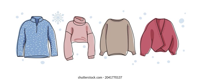 Winter knitted sweaters for home, walking and relaxing. Cozy warm clothing set. Fashionable knitwear. Linear Vector sketch icon isolated on white background. Seasonal Design element.