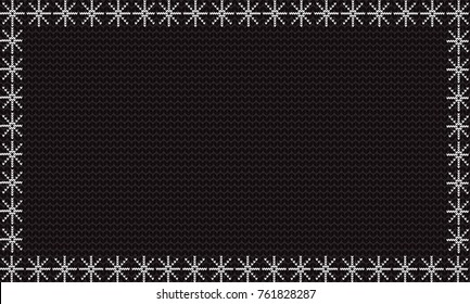 Winter knitted template with charoal black fabric background framed with white snow flakes. Vector illustration, banner, poster with space for text.