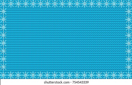 Winter knitted template with light blue fabric background framed with white snow flakes. Vector illustration, banner, poster with space for text.