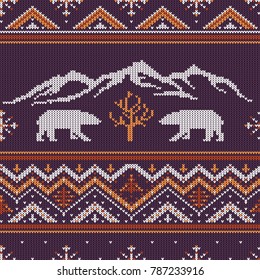 Winter knitted woolen pattern with polar bears on a background of snow-capped mountains