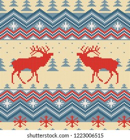 Winter knitted woolen seamless pattern with red deer in conifer forest