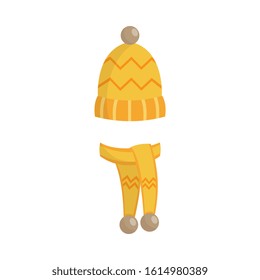 Winter knitted yellow warm hat and mittens pair flat cartoon vector illustration isolated on white background. Cold Christmas season clothing icon for prints and cards.