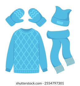 Winter knitting clothes for cold weather. Handicrafts sweater, mittens, scarf, cap of natural knitted jersey.