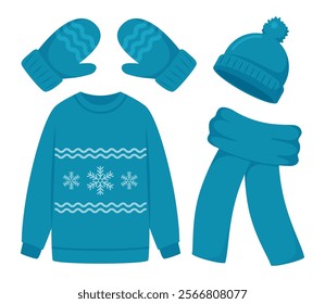 Winter knitting clothes for cold weather. Handicrafts sweater, mittens, scarf, cap of natural knitted jersey.