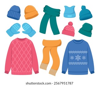 Winter knitting clothes for cold weather. Handicrafts sweater, mittens, scarf, cap of natural knitted jersey.