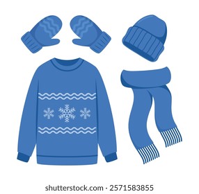 Winter knitting clothes for cold weather. Handicrafts sweater, mittens, scarf, cap of natural knitted jersey.