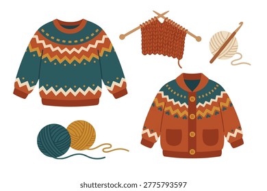 Winter Knitting and Crochet Set, Cute Wool Sweater, Cardigan, Yarn Balls, and Knitting Needles, Flat Vector Illustration for Cozy Seaso