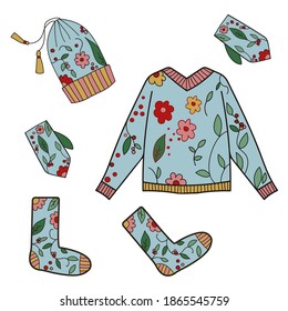 Winter knitting handmade clothes set with bright pattern.Warm hat, socks, gloves and sweater or pullover. Vector stock illustration in cartoon style.