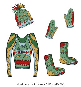 Winter knitting handmade clothes set with bright pattern.Warm hat, socks, gloves and sweater or pullover. Vector stock illustration in cartoon style.