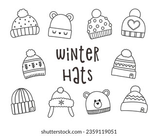 Winter knitting hats coloring set. Hand drawn doodle headwear icon collection. Line vector illustration