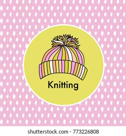 Winter knitting icon. Logo design. Cartoon style. Pink.