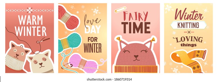 Winter knitting posters set. Pins and yarns, knitted toys and cloth vector illustrations with text. Handmade hobby concept for craft shop flyers and brochures design