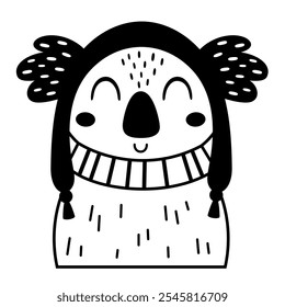 Winter koala clipart. Black and white animal doodle. Cute seasonal character. Hand draw vector illustration in flat style