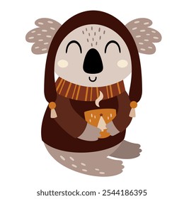 Winter koala clipart. Boho Christmas animal clipart. Cute festive character. Hand draw vector illustration in flat style	