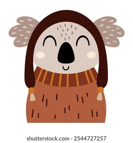 Winter koala clipart. Boho Christmas animal clipart. Cute festive character. Hand draw vector illustration in flat style