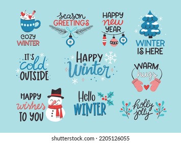 Winter Label Collection. Seasonal decorative sentences isolated on light background. Vector illustration.