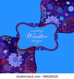 Winter label design with red, pink and blue snowflakes and stars and dark blue background. Vintage label. Text place. Vector illustration.
