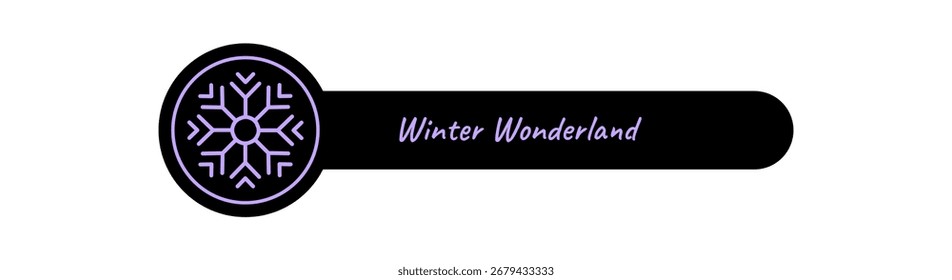 Winter label with outline snow flake in bold black and purple. Frozen decoration for xmas package lid. Frost element with cold snowflake accent, perfect for seasonal use.