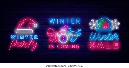 Winter labels collection. Sale and party. Happy New Year. Christmas celebration neon signboards set. Santa hat. Ribbon frame. Snowman and snow globe. Shiny lettering banner. Vector stock illustration