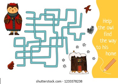 Winter labyrinth for children. Owl is looking for a way to his home. Vector file in cartoon style.