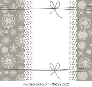 Winter lace frame with cute snowflakes for your designs. 
Stylish background can be used for greeting card, invitation and more designs.