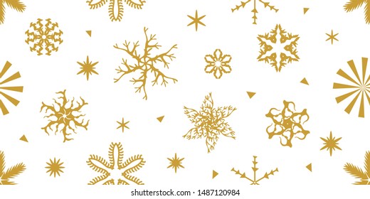 Winter lace pattern. Seamless vector print with elegant golden decorations. Template for gift wrappings, cards, banners and posters.