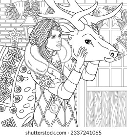 Winter lady with a Christmas reindeer. Adult coloring book page with intricate antistress ornament